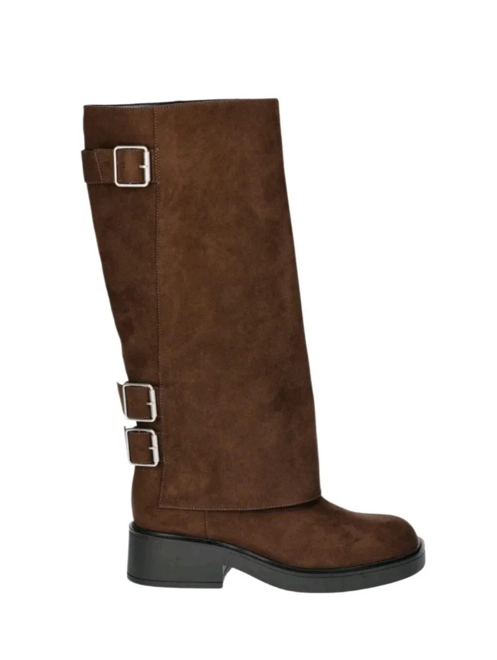 Women's Brown Faux Suede Buckle Knee-High Moto Boots Sz Nwt